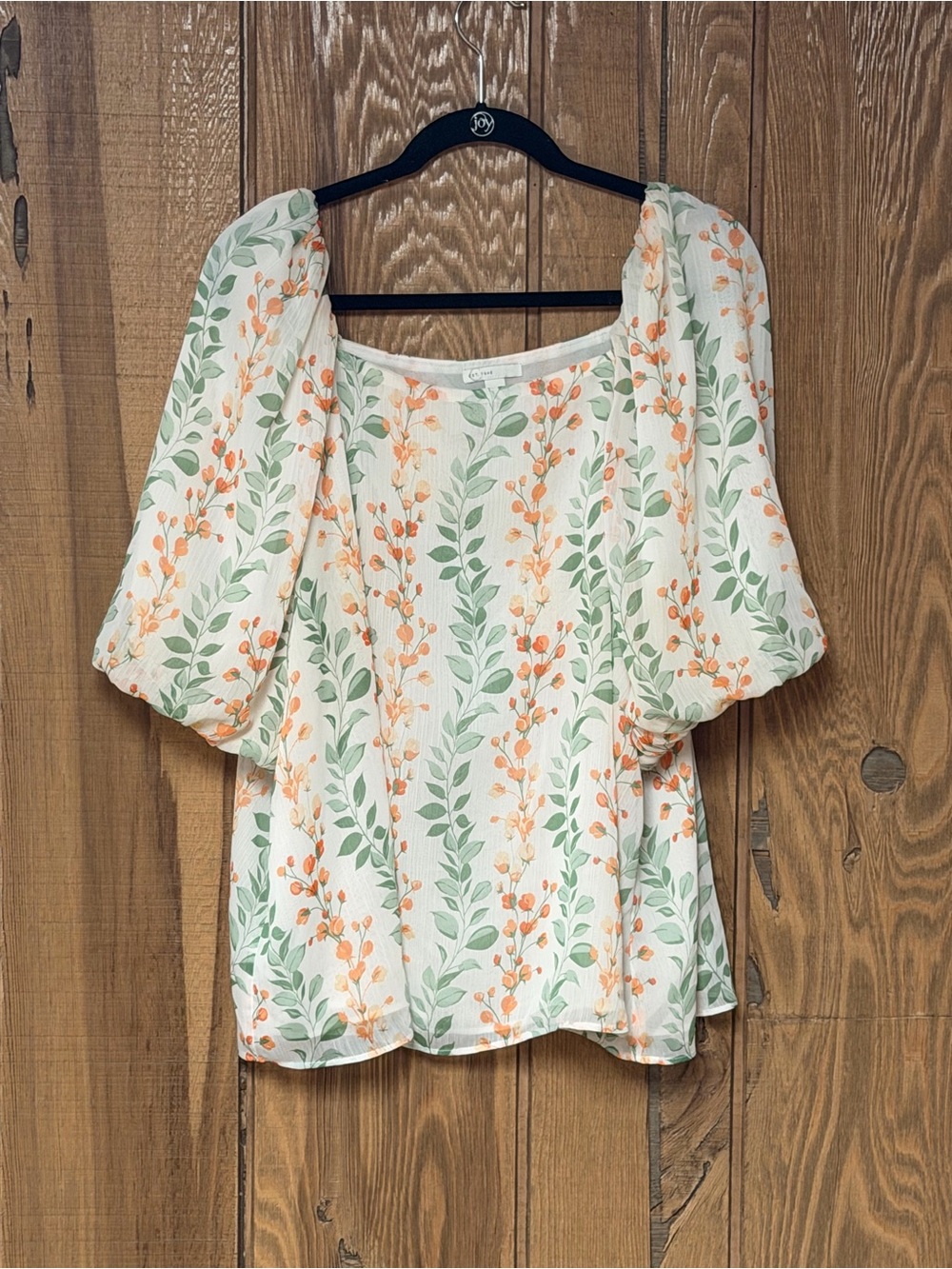 Square-Neck Puff-Sleeve Blouse in White‎ with Orange Floral & Green Leaves - Picture 2 of 6